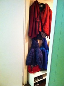 Organizing MY Home: A Two-Foot Wide Mudroom | Organizedartistry.com. See how my husband and I took 24" off our laundry room to create a space for coats, shoes, and backpacks... #smallspaces