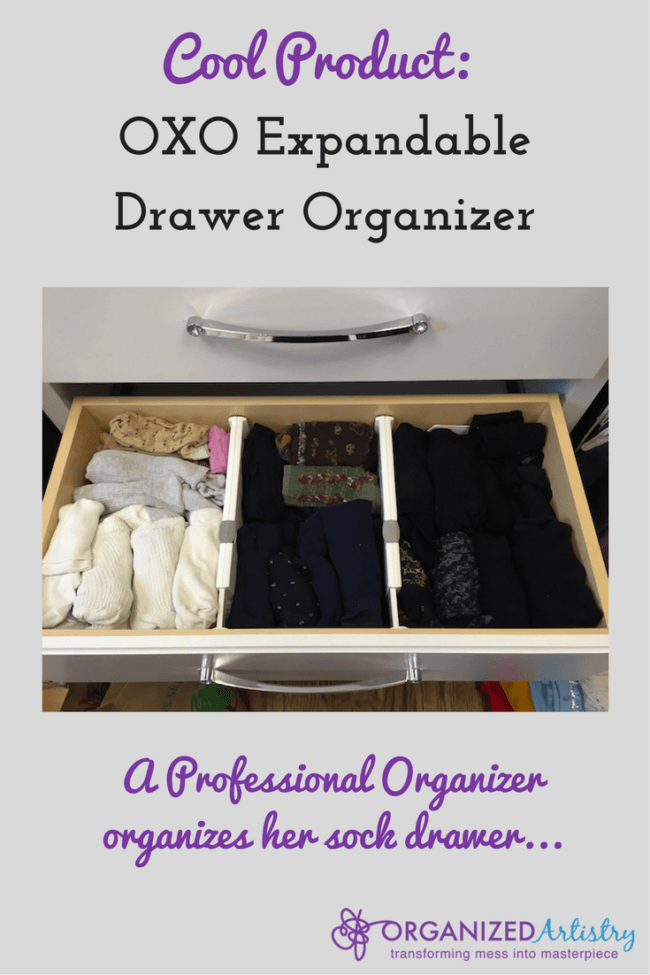 Cool Product: OXO Expandable Drawer Organizer, A Professional Organizer' organizes her sock drawer I organizedartistry.com #coolorganizingproduct
