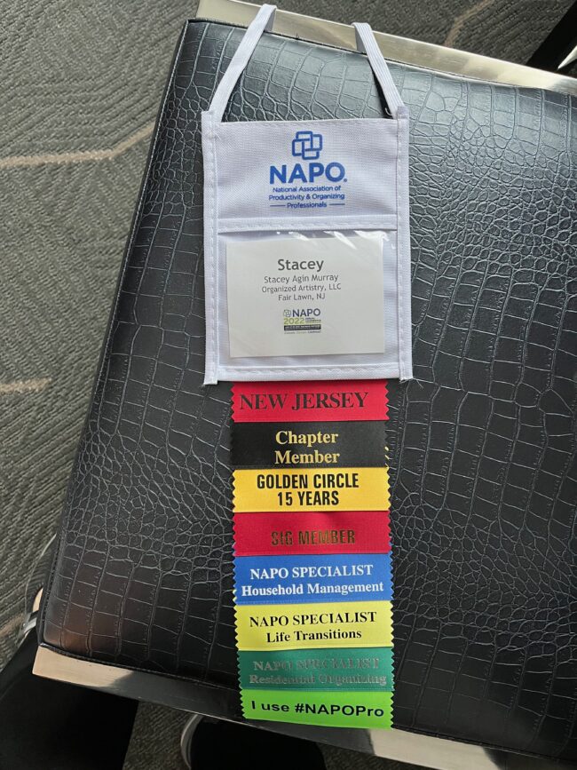NAPO 2022 Conference badge with ribbons | Organziedartistry.com | #NAPO2022 #NAPOPro #getorganized